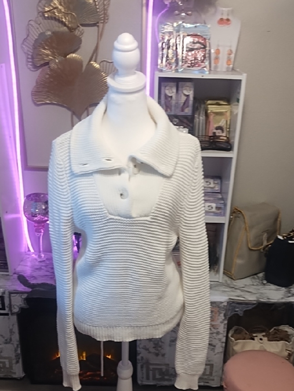 Evereve Cream Ribbed Button-Collar Turtleneck Sweater